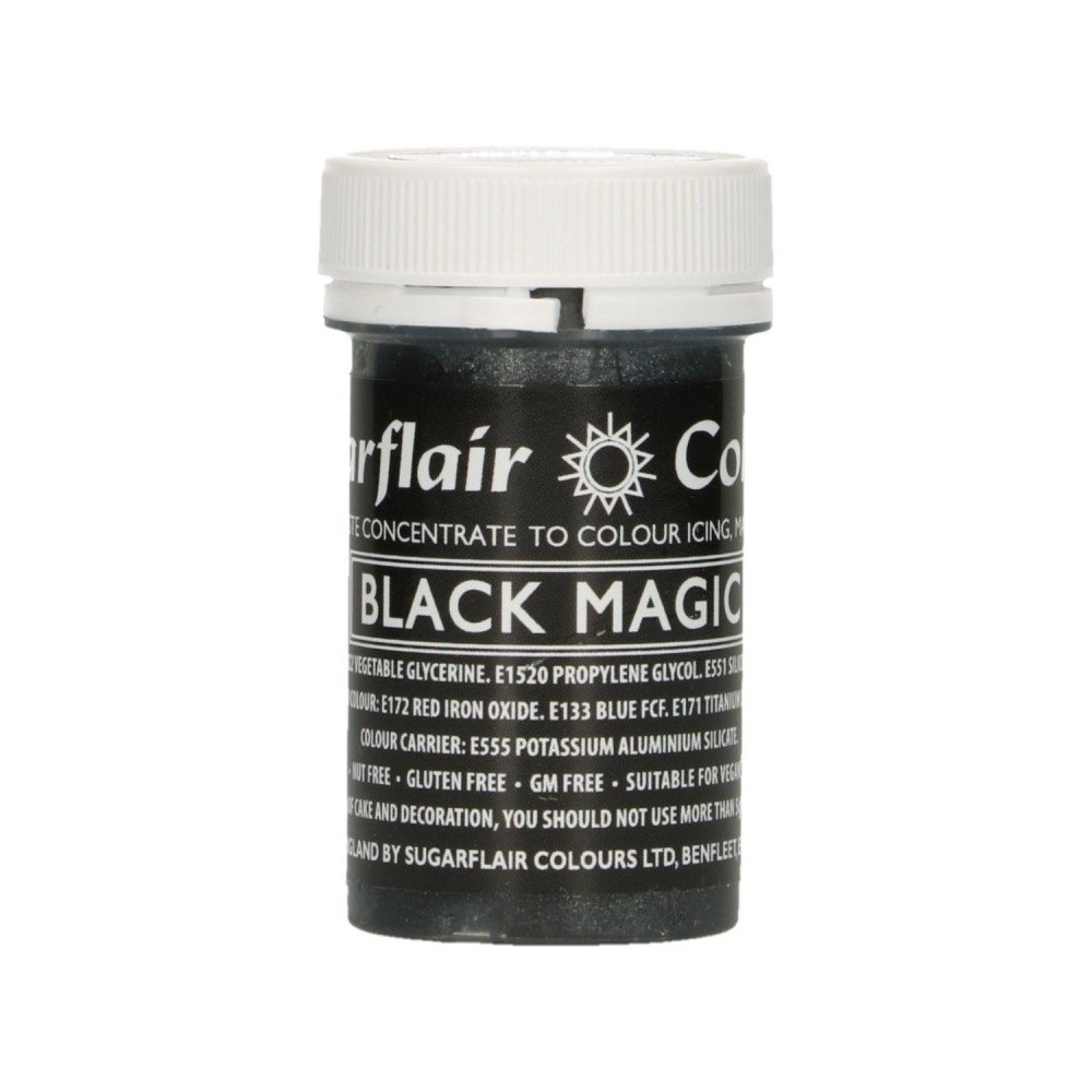 Sugarflair pastelová gélová farba - satin black magic - 25g