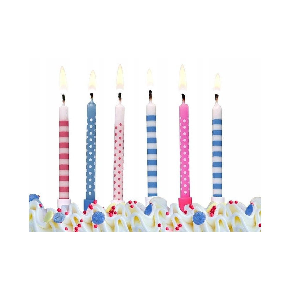 PartyDeco narodeninové sviečky - pruhy / bodky - modré / ružové 6ks
