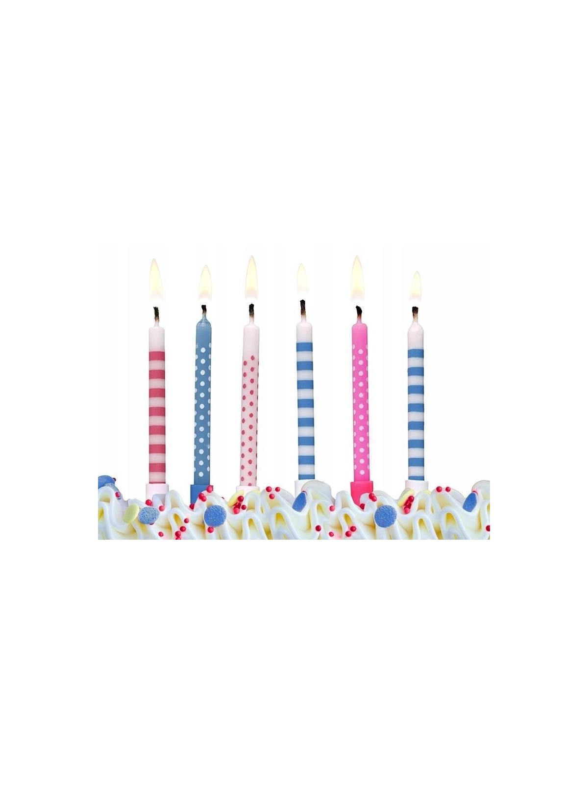 PartyDeco narodeninové sviečky - pruhy / bodky - modré / ružové 6ks