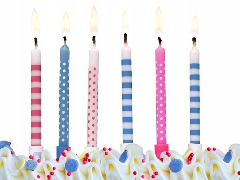PartyDeco narozeninové svíčky - pruhy / tečky - modré / růžové 6ks