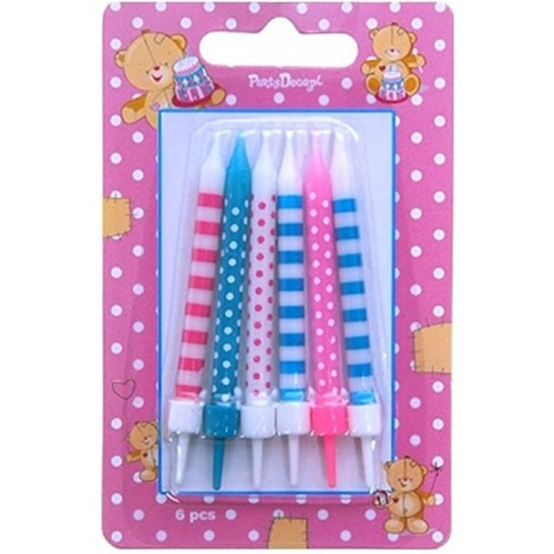 PartyDeco narozeninové svíčky - pruhy / tečky - modré / růžové 6ks