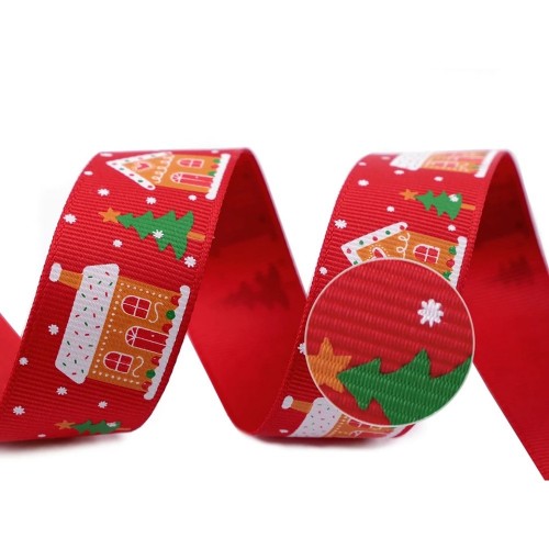 Dog ribbon - Christmas house - red - 25mm - 3m