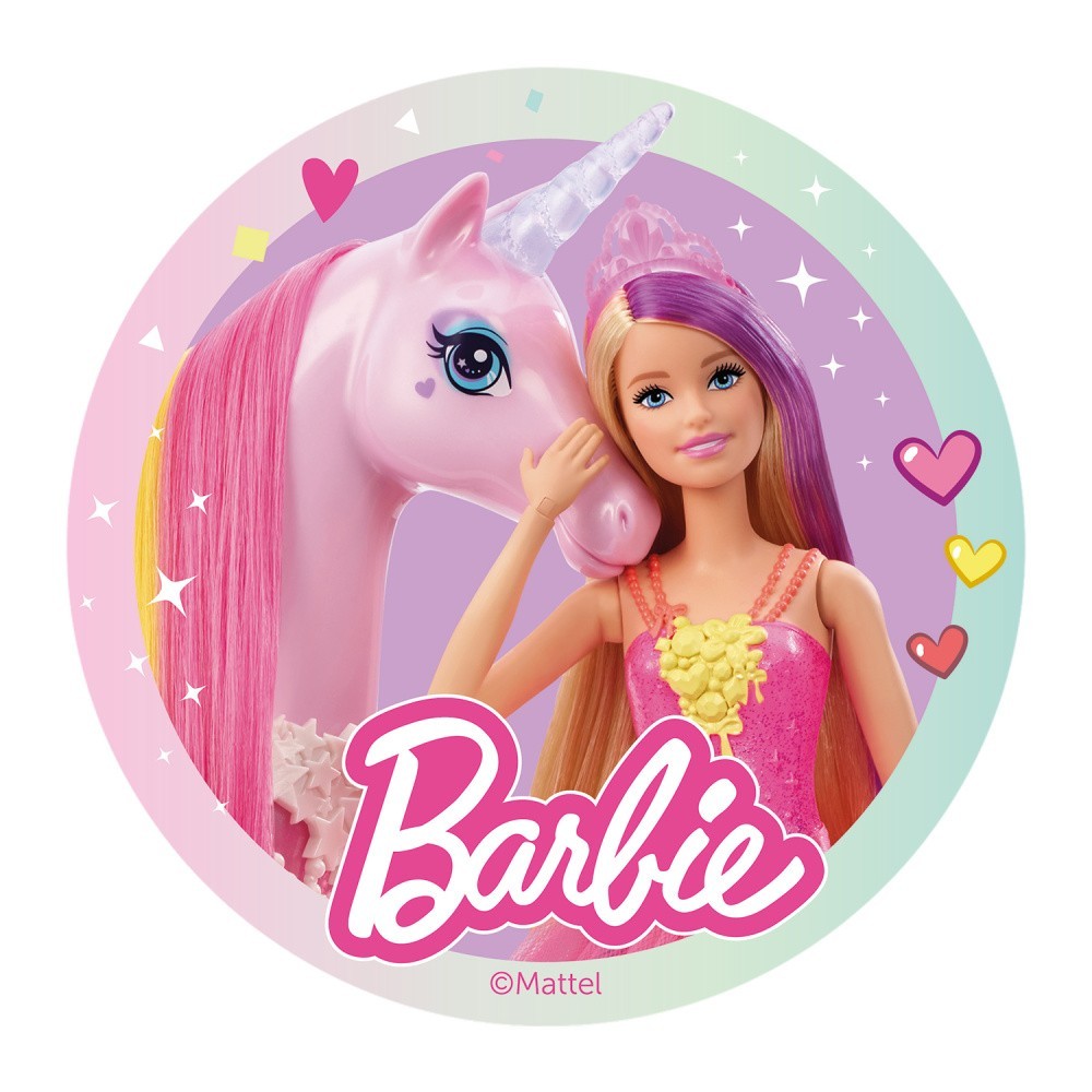 Dekora - Jedlý papier karta guľatý - Barbie s jednorožcom
