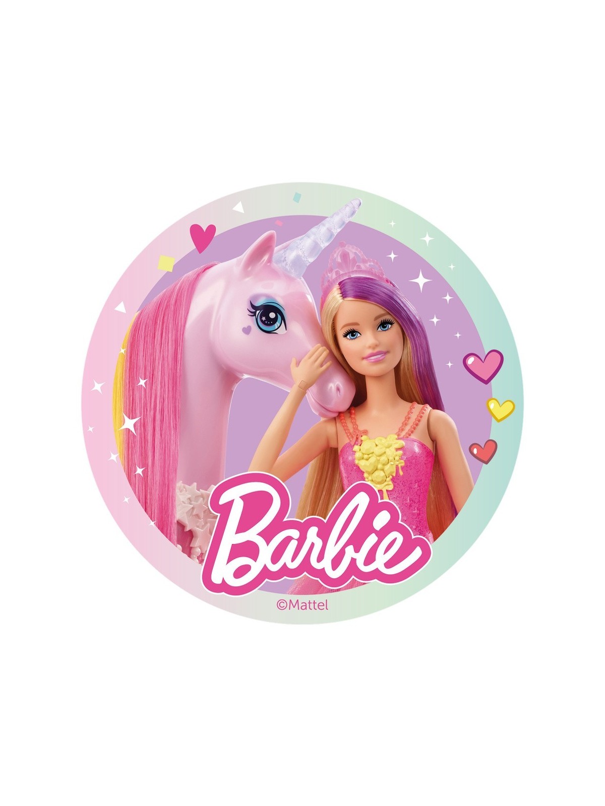 Dekora - okrągły papier jadalny - Barbie z jednorożcem