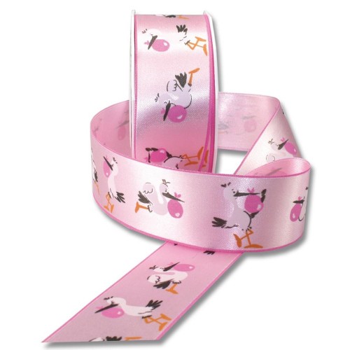 Atlas double-faced ribbon - baby pink - stork - 2m/40mm.