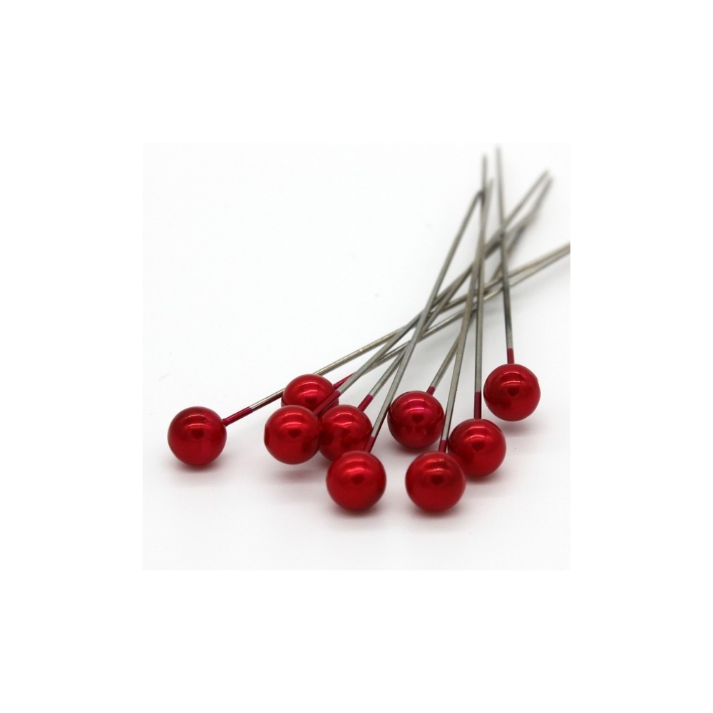 Dekoračné špendlíky - červená perla - 65mm/9ks