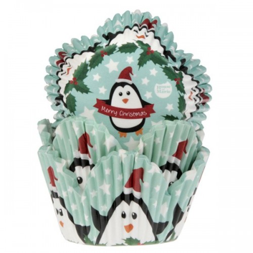 House of Marie Baking Cups Tulip with Xmas Penguins pk/50 [HM5003]