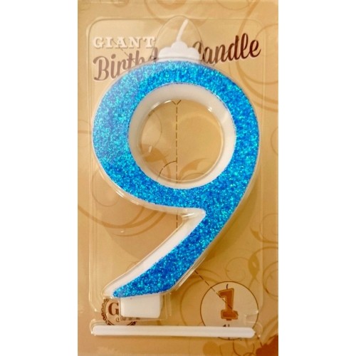 Large birthday candle - blue sparkle - 9