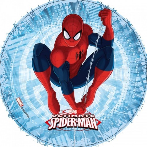 Jedlý papier karta guľatý - Spiderman - modrý