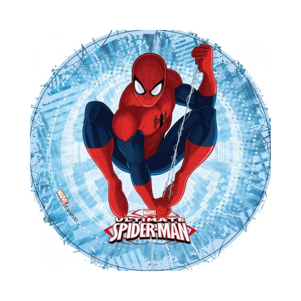 Jedlý papier karta guľatý - Spiderman - modrý