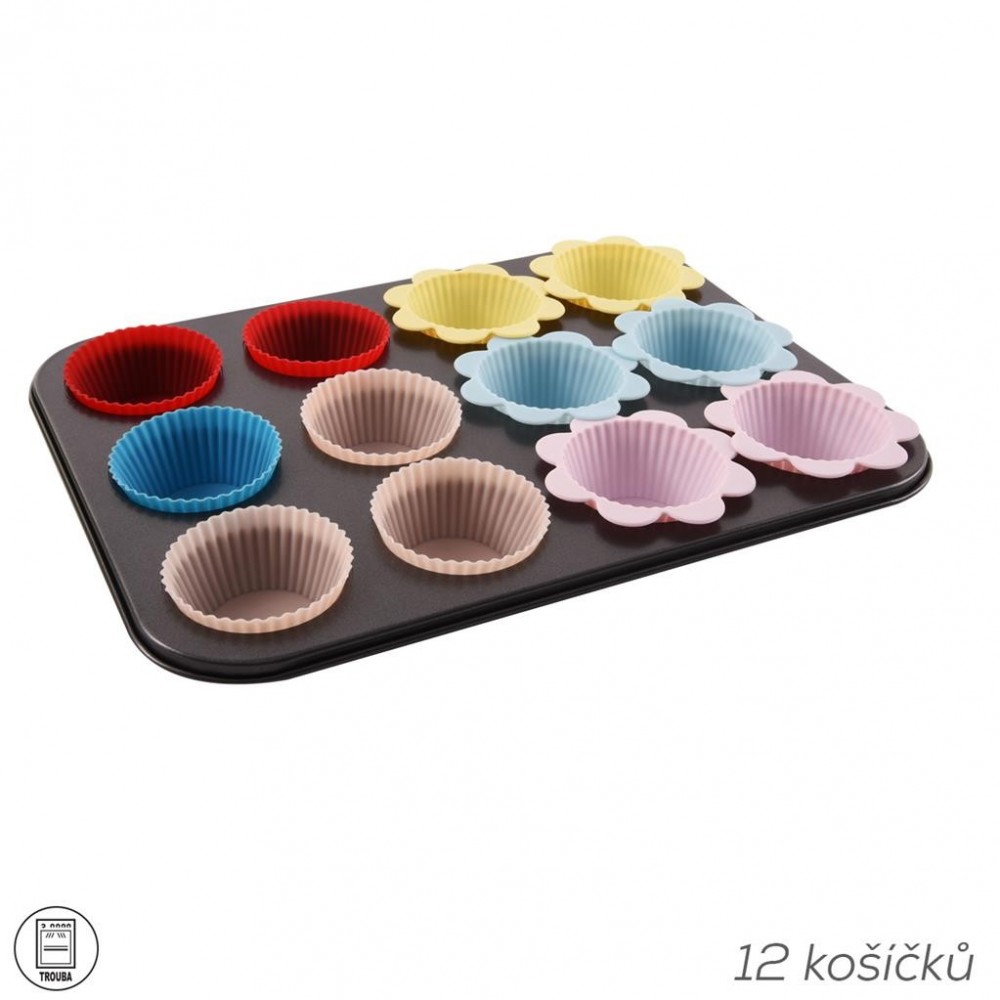 Forma do pieczenia muffinek + foremki silikonowe 12 szt.