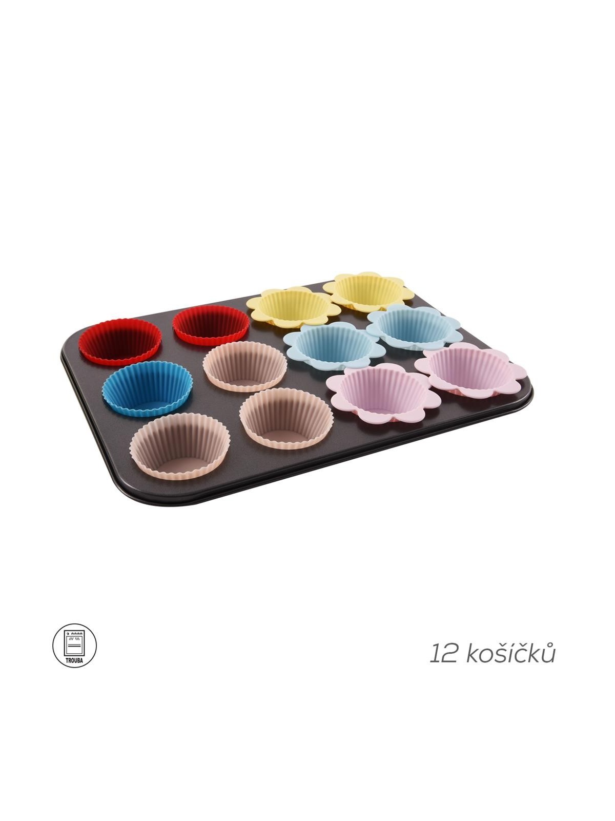 Forma do pieczenia muffinek + foremki silikonowe 12 szt.