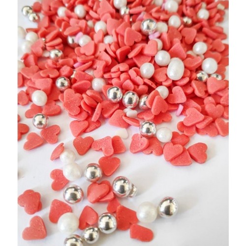 Sugar beads / hearts - white / red - 100g