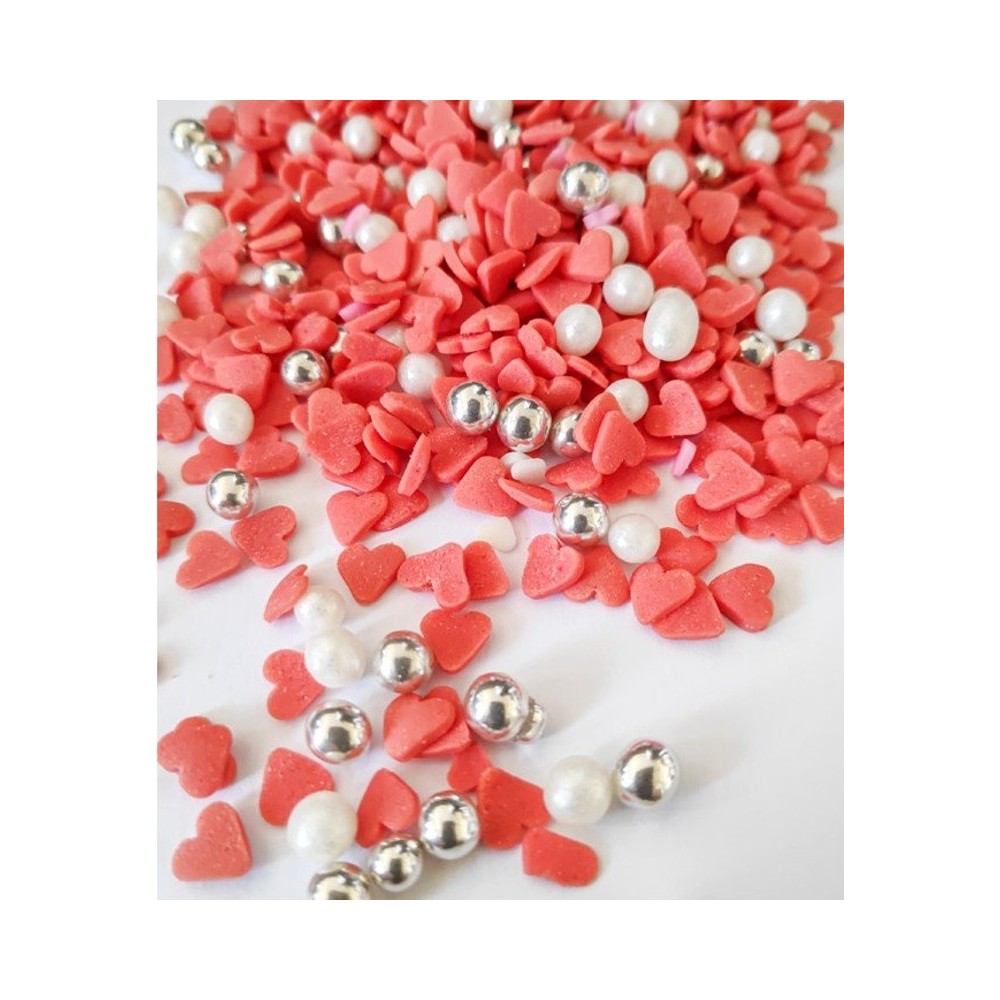 Sugar beads / hearts - white / red - 100g