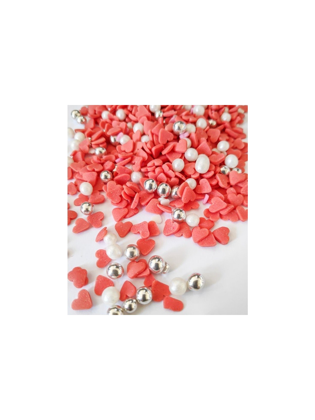 Sugar pearls / hearts - white / red - 100g