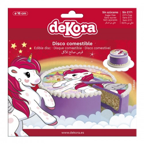 Dekora - sugar edible disc - unicorn on a rainbow -16cm